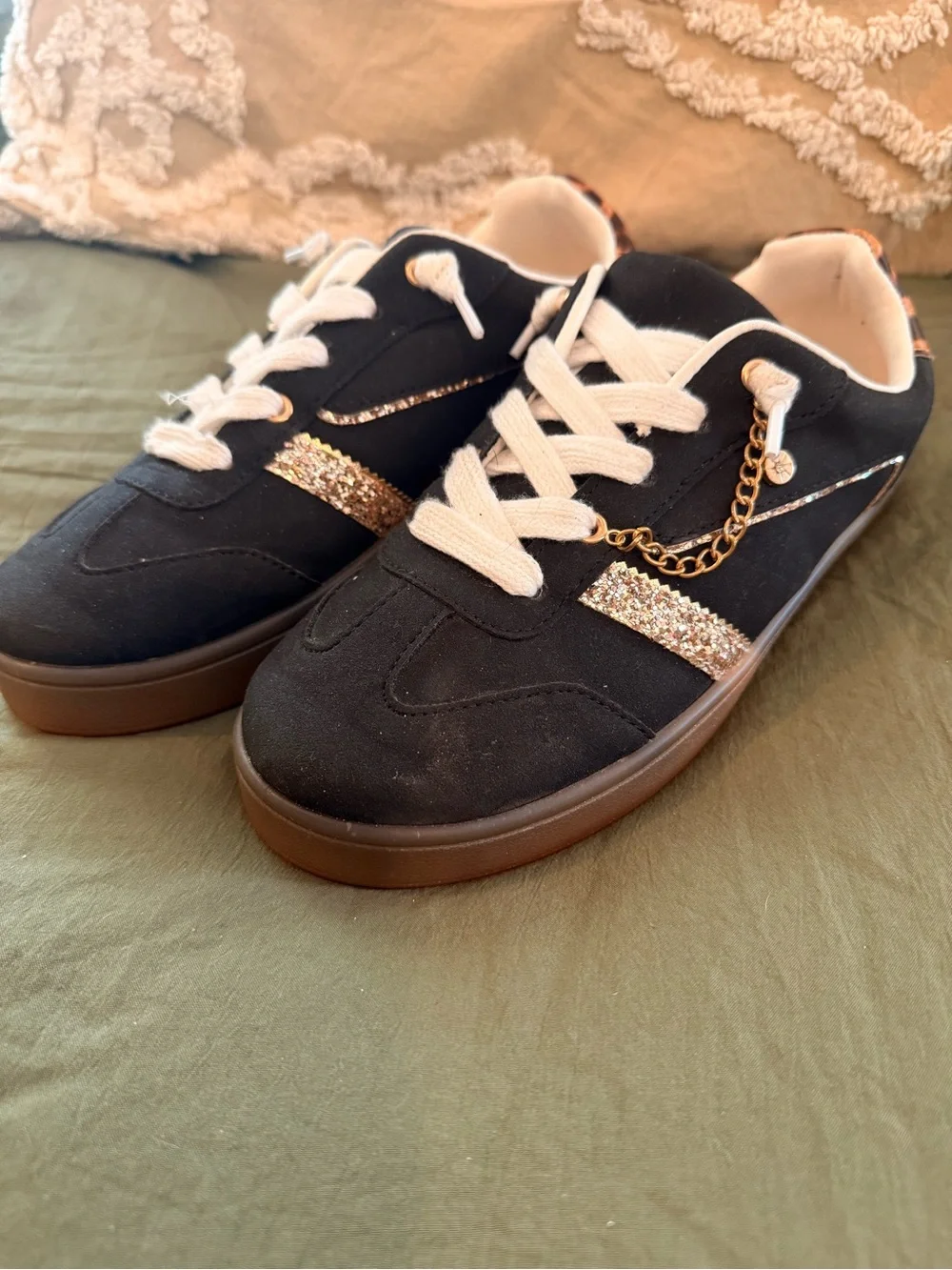 Jellypop Black Athletic Sneakers with Gold Chain and Glitter Stripe